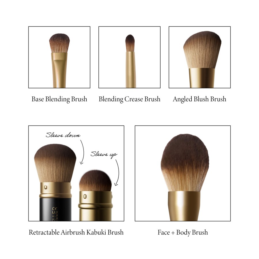 Close-ups of each brush head, including the retractable kabuki with its sleeve down and up