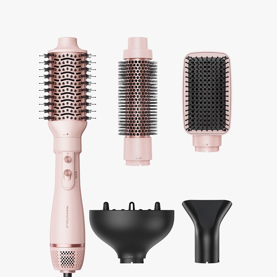 Wavytalk Air Sculpt 5-in-1 in pink: handle with the oval brush on, plus the round brush, paddle brush, diffuser and concentrator nozzle