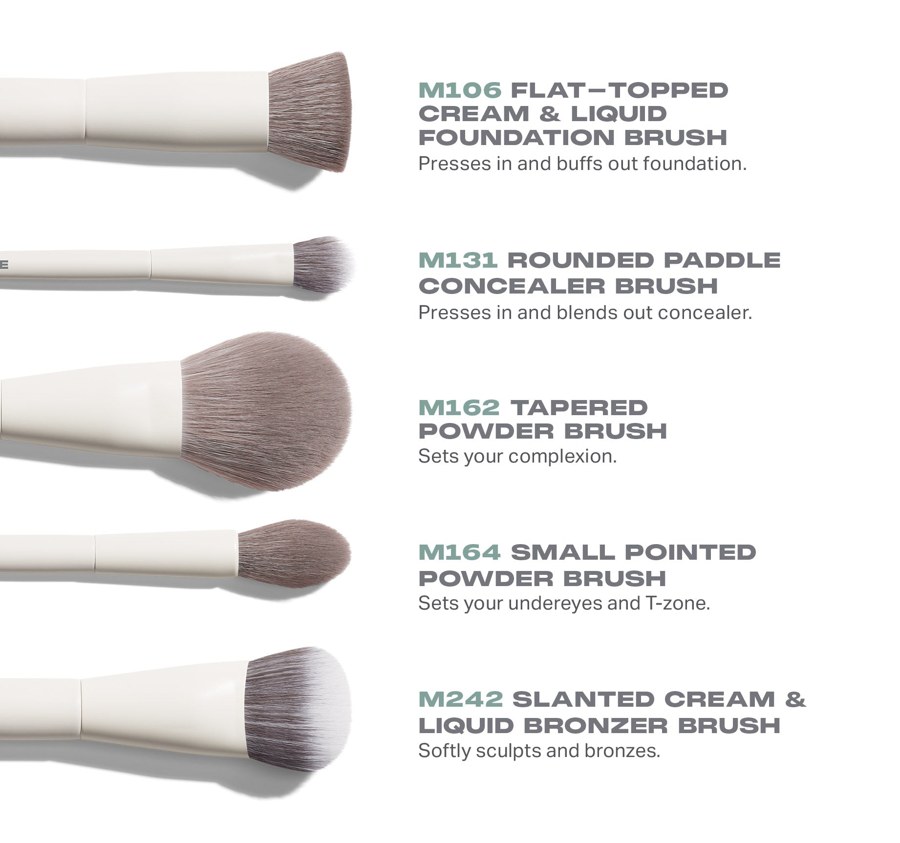 Morphe chart of the five brush heads with their codes, names and one-line uses
