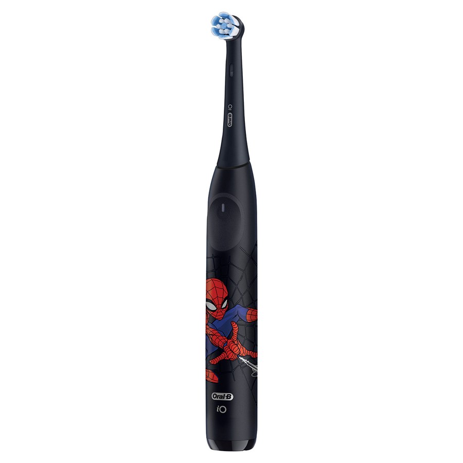 Oral-B iO Kids handle in black with Spider-Man artwork and a round brush head