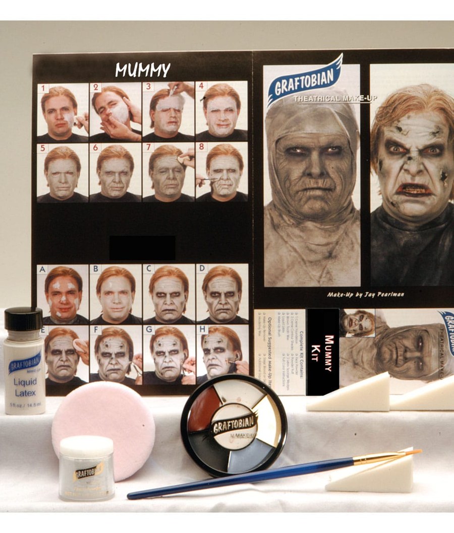 What's in the mummy kit: instruction sheet, liquid latex, color wheel, powder, puff, brush and wedges