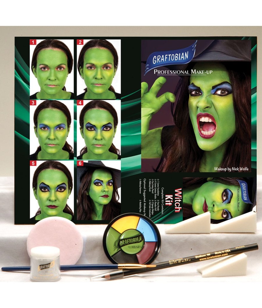 What's in the witch kit: color wheel, powder, puff, wedges, brush, pencil and instructions
