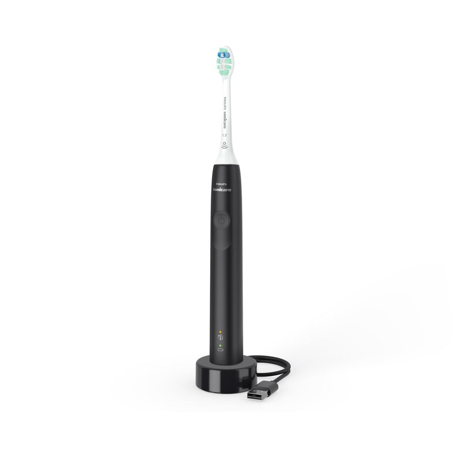 Philips Sonicare 4100 Series handle in black with a white C2 brush head and a USB charging base